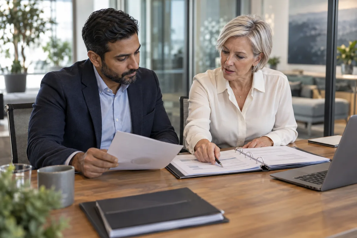 Two colleagues comparing documents during a tender review.